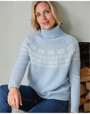 Cloud Blue | Cashmere Cable Yoke Roll neck Sweater | Pure Collection