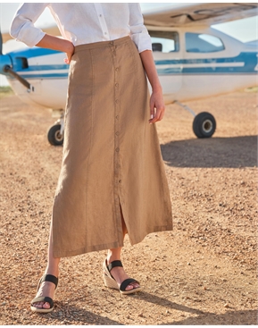 Camel Button Through Linen Midi Skirt Pure Collection