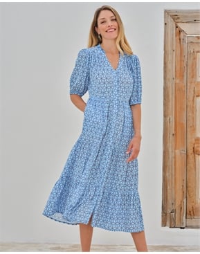 K Design Tile Postcard Print Belted Stretch Shirt Dress Blue/Multi main image 1