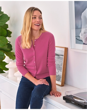Deep Azalea | Cashmere Crew Neck Cardigan | Pure Collection