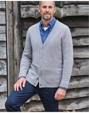Grey Marl | Mens Lambswool V Neck Cardigan | Pure Collection