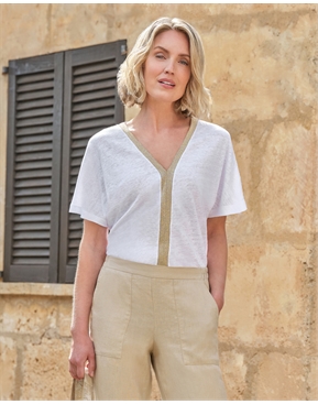 AM02412 BACK LACE TRIM 100%LINEN TOP