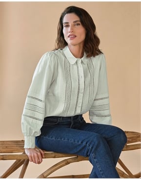 Pale Mint | Pintuck Lace Cotton Shirt | Pure Collection