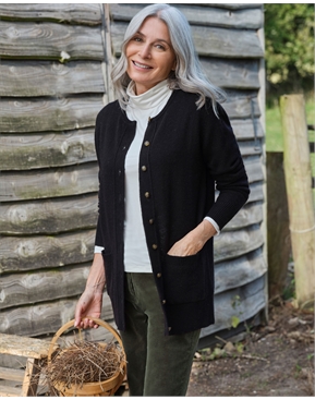 Black | Lambswool Ladies Crew Neck Cardigan | Pure Collection
