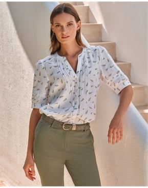 Mid Wash | Tencel Collarless Pleated Blouse | Pure Collection