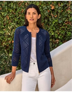 Navy | Cotton Mesh Zip Cardigan | Pure Collection