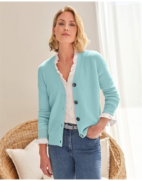 Soft Aqua | Wool Cashmere Ribbed V Neck Cardigan | Pure Collection