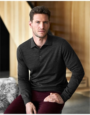 Charcoal | Merino Long Sleeve Polo Shirt | Pure Collection