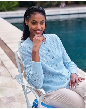 Powder Blue | Wool Cashmere Lacy Crew Cardigan | Pure Collection