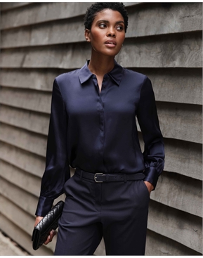 Navy silk shirt womens Clearance
