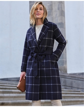 Navy Check | Double Faced Check Midi Coat | Pure Collection