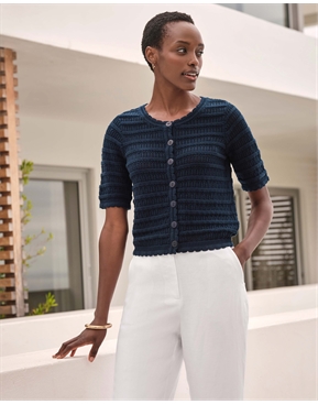 Navy | Cotton Short Sleeve Crochet Trim Cardigan | Pure Collection