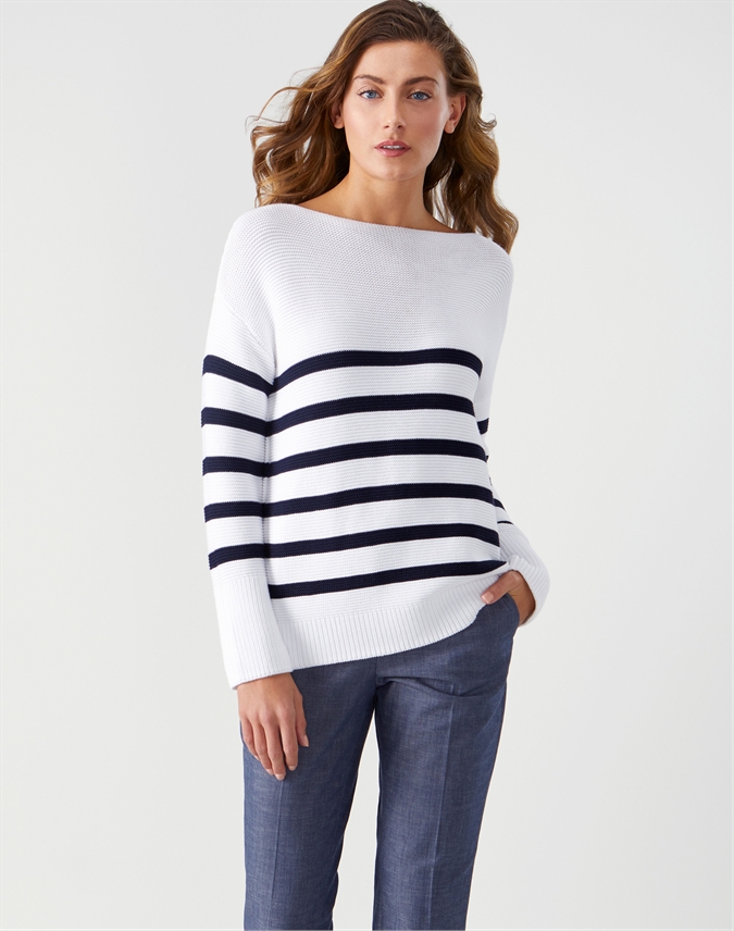 White/Navy Stripe | Cotton Boat Neck Textured Sweater | Pure Collection