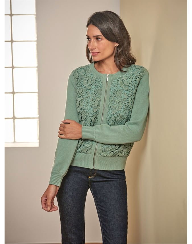 Wool Blend Lace Zip Cardigan