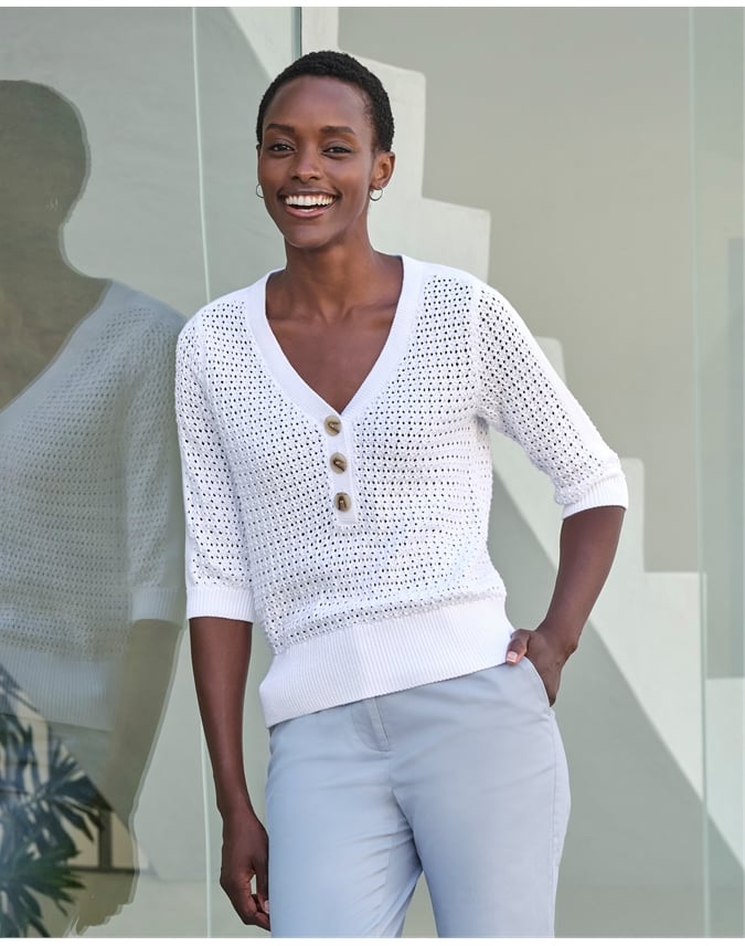 Cotton Mesh Button Neck Top