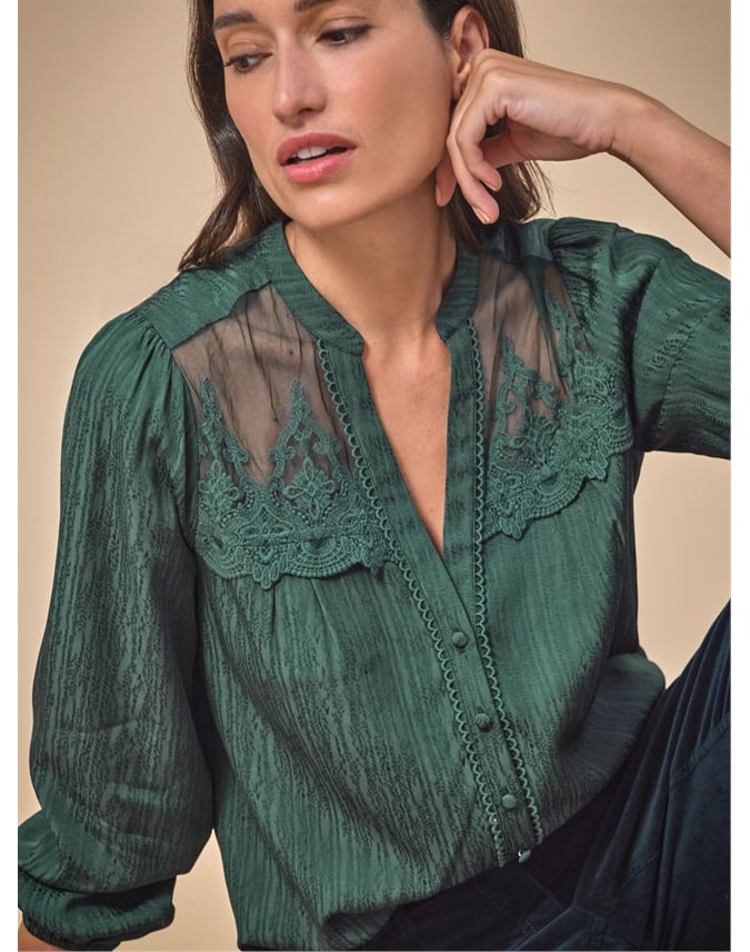 Notch Neck Lace Trim Blouse
