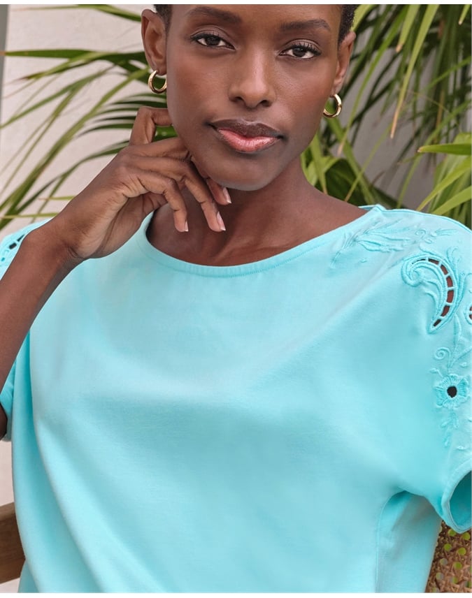 Embroidered Shoulder Short Sleeve Top