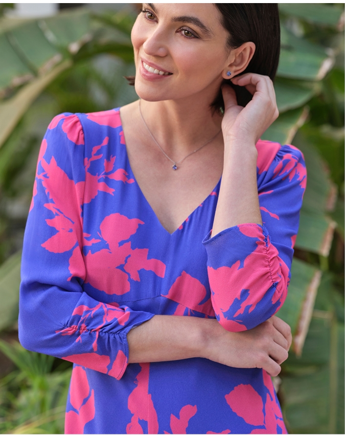 Shirred Sleeve V Neck Dress