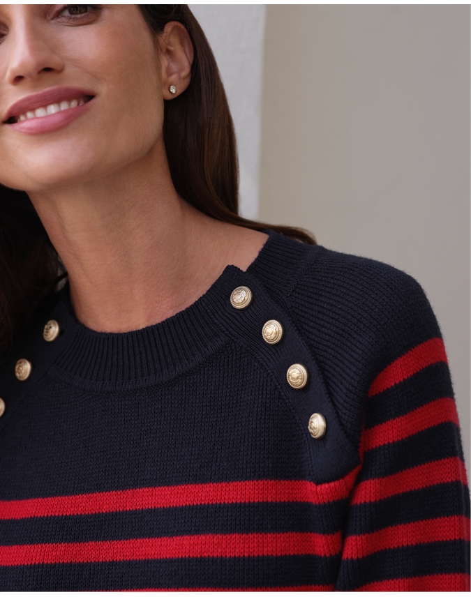 Cotton Cashmere Striped Button Sweater