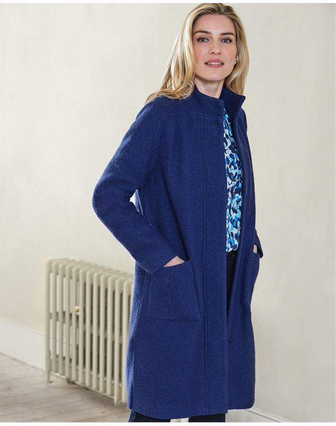 Cobalt | Boucle Wool Funnel Neck Coat | Pure Collection
