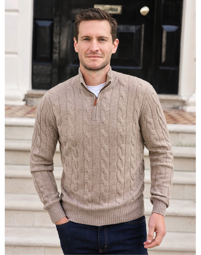 Dark Oatmeal | Mens Wool Half Zip Cable Jumper | Pure Collection