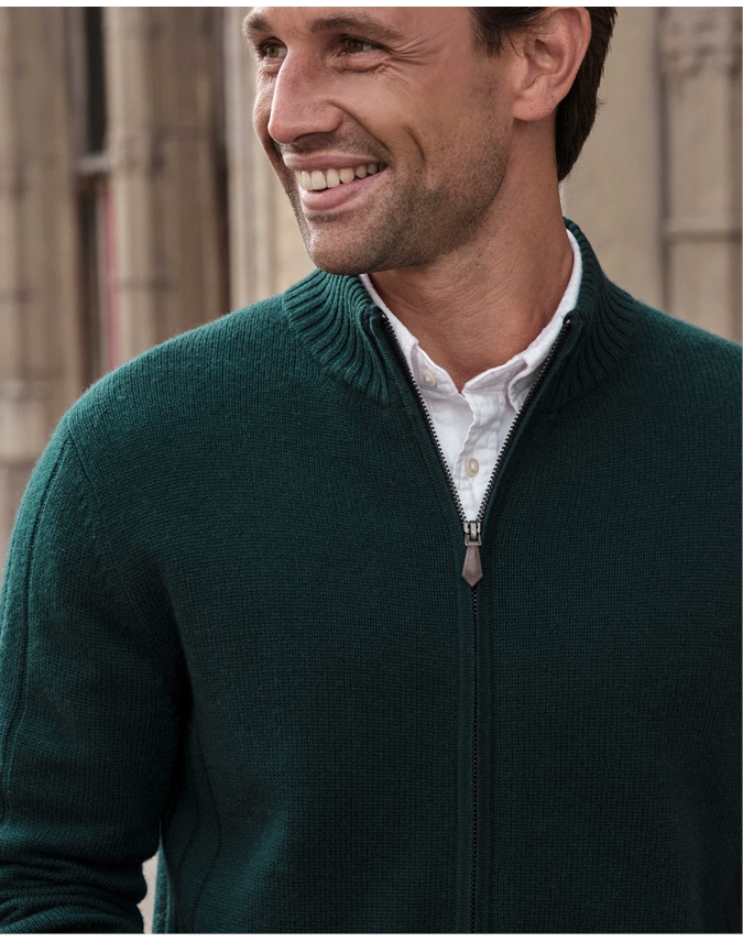 Wool Cashmere Ribbed Zip Through Cardigan