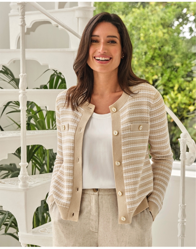 Neutral Stripe Neutral Subtle Stripe Cotton Cardigan Pure Collection