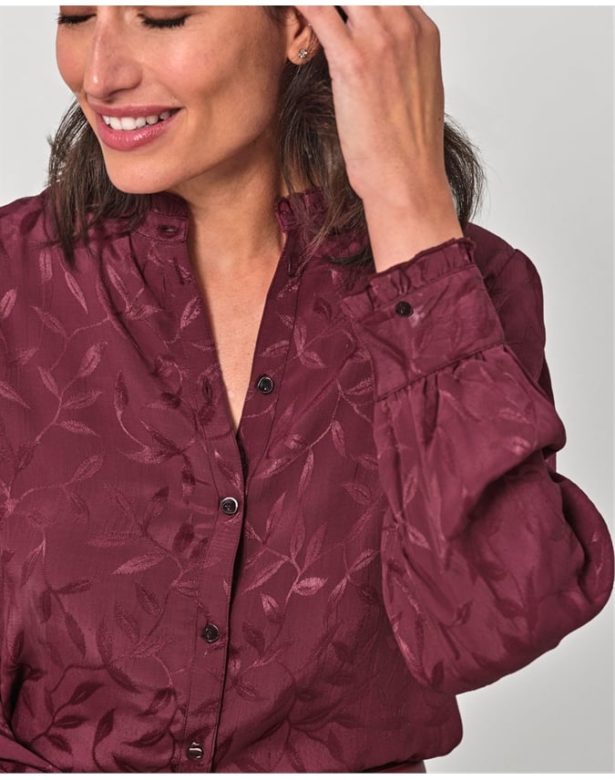 Frill Neck Leaf Jaquard Blouse