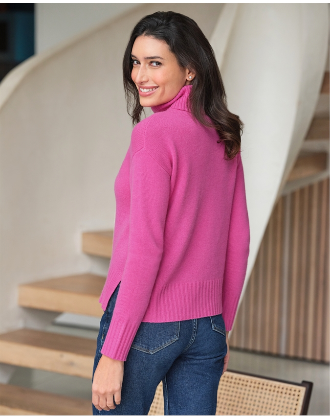 Raspberry Rose | Stitch Detail Lofty Roll Neck Sweater | Pure Collection