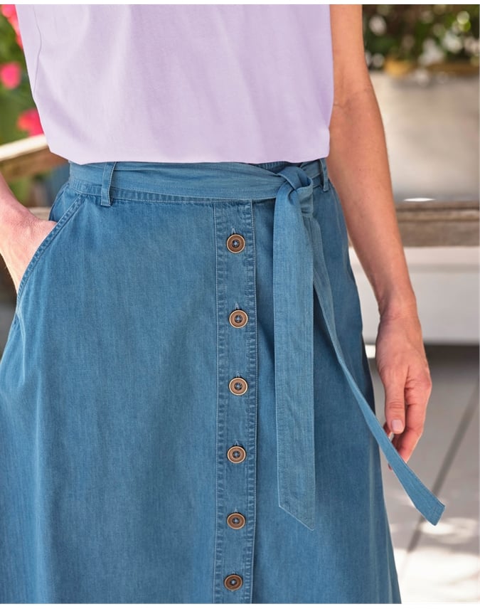 Chambray Button Through Midi Skirt