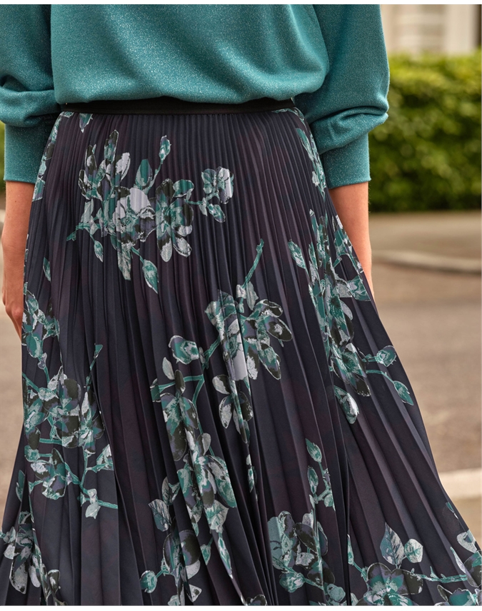 Abstract Teal Pleat Midi Skirt Pure Collection