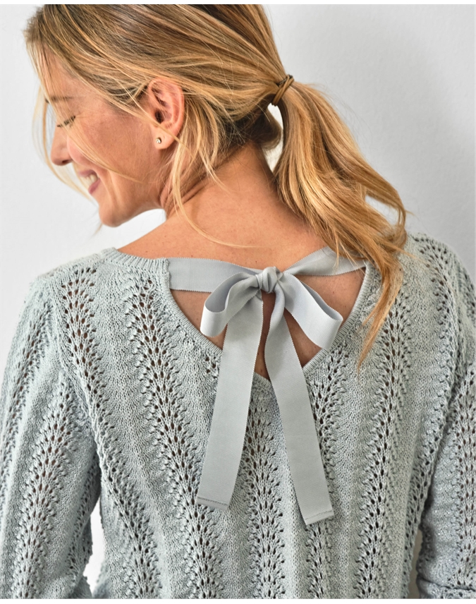 Cotton Lurex Fan Stitch Jumper With Gross Grain Tie