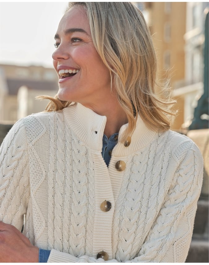 Cable Cotton Button Neck Cardigan