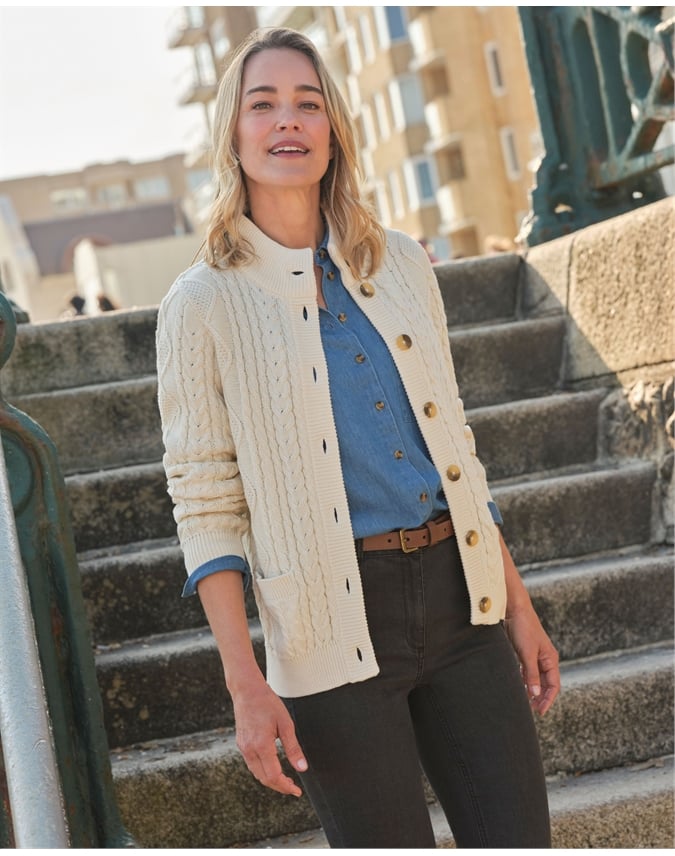 Cable Cotton Button Neck Cardigan