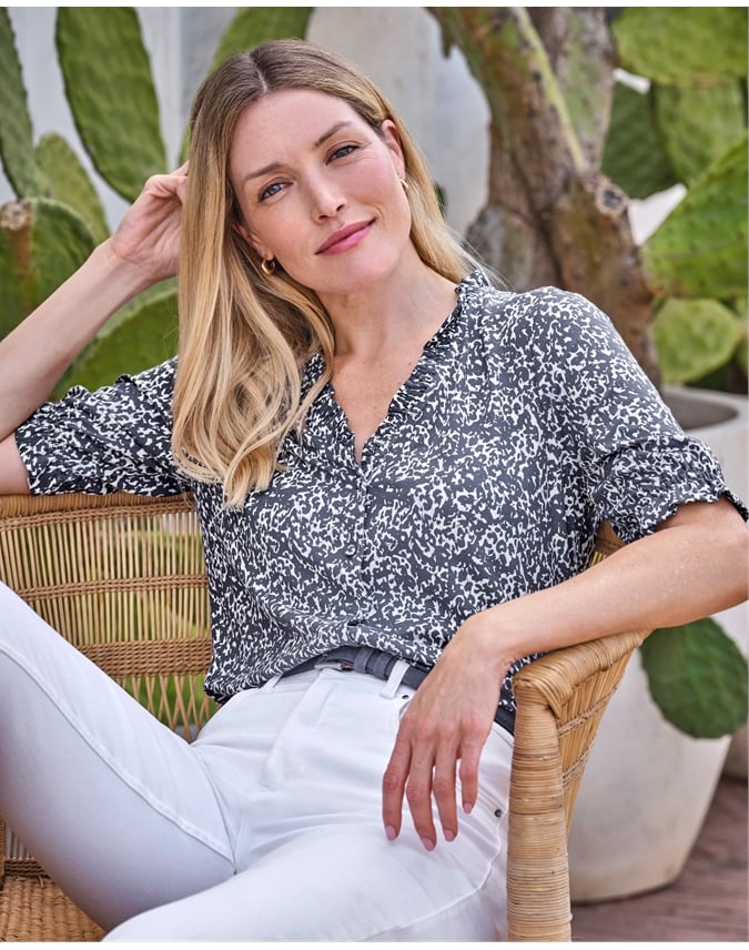 Short Sleeve Frill V Jersey Blouse