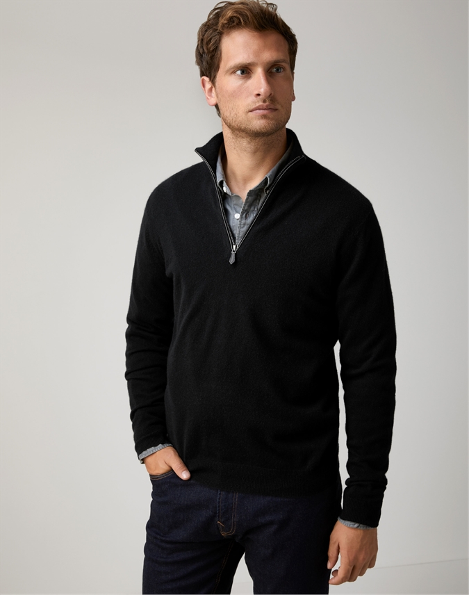 Black | Mens Cashmere Zip Neck Sweater | Pure Collection