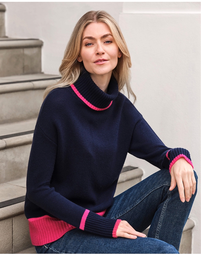 Wool Cashmere Tipped Roll Block Sweater