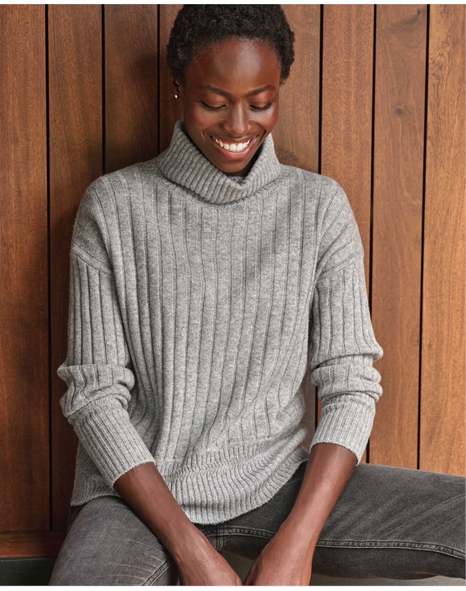 Grey Marl Wool Cashmere Ribbed Roll Neck Pure Collection