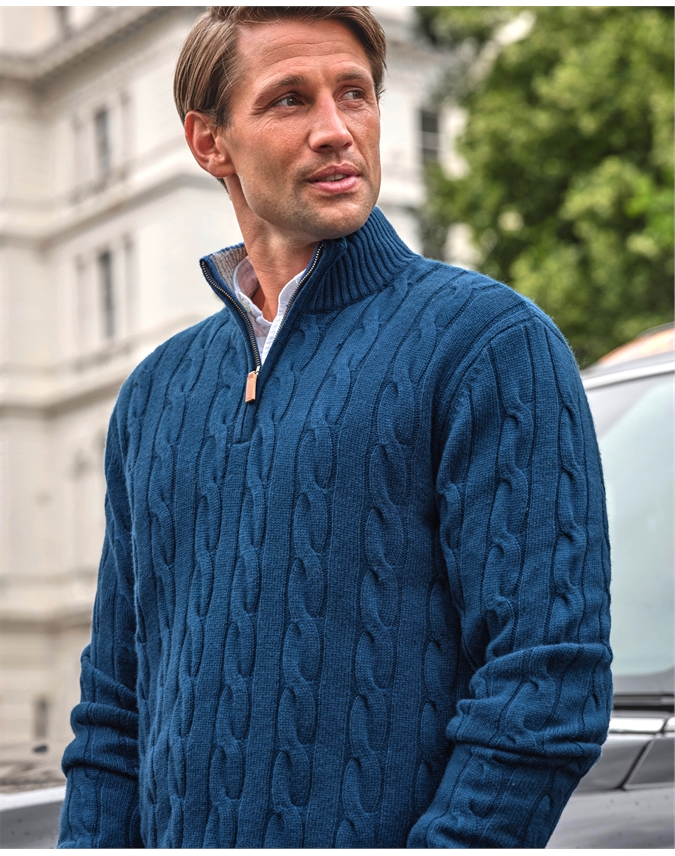 Mens Wool Half Zip Cable Jumper