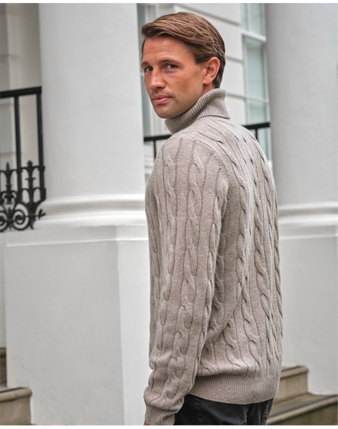 Wool Cashmere Cable Roll Neck Sweater