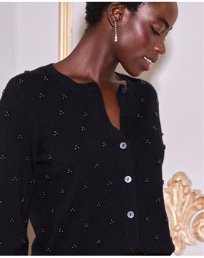 Black cardigan with pearls best sale