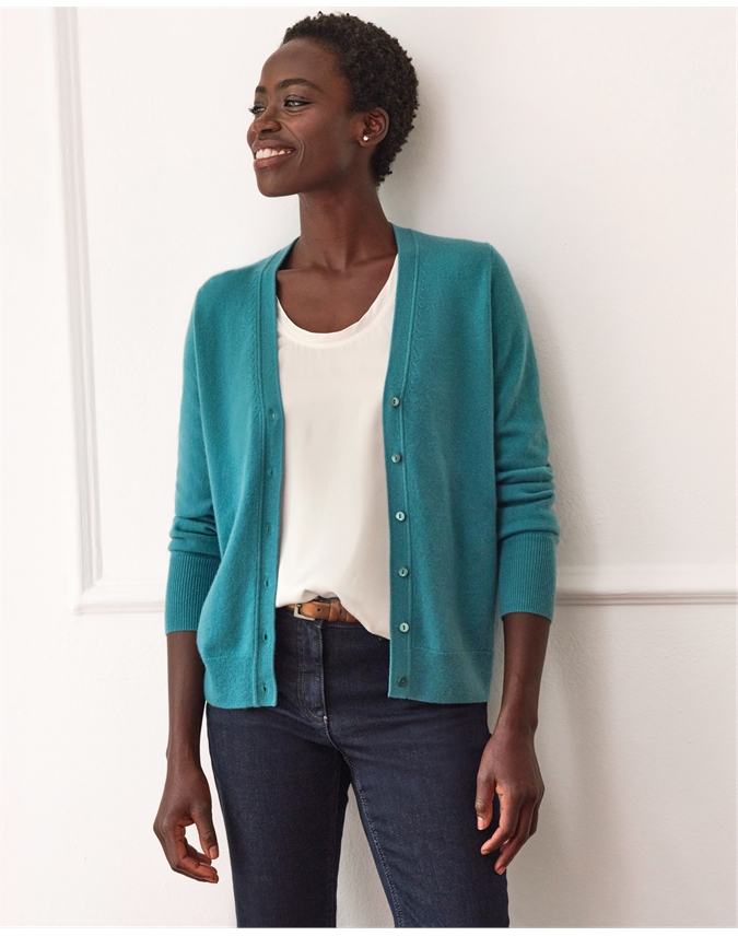 True Teal Cashmere V Neck Cardigan Pure Collection