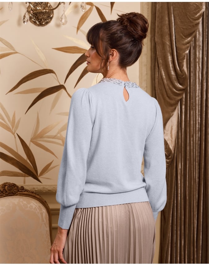 Wool Cashmere Crystal Embellished Neck Sweater