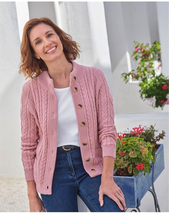 Cable Cotton Button Neck Cardigan