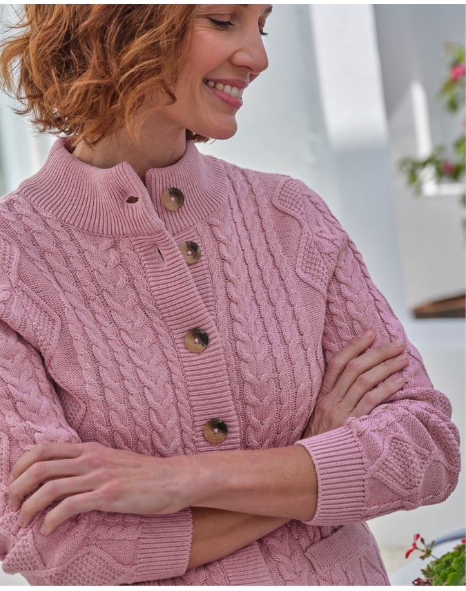 Cable Cotton Button Neck Cardigan