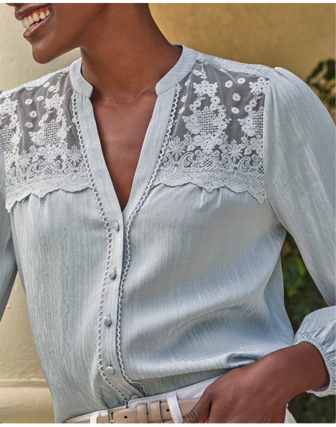 Notch Neck Lace Trim Blouse