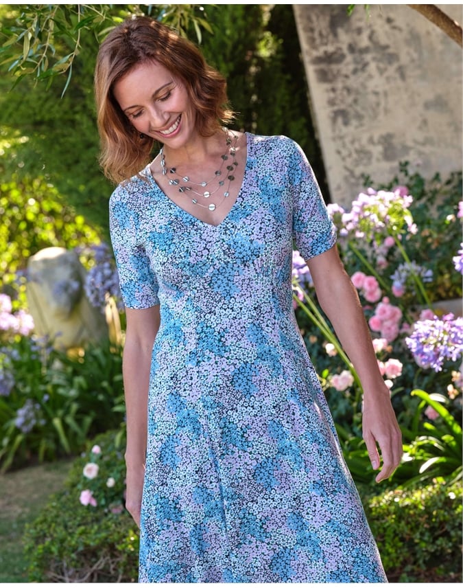 Gathered Sleeve V Neck Midi Tea Dress