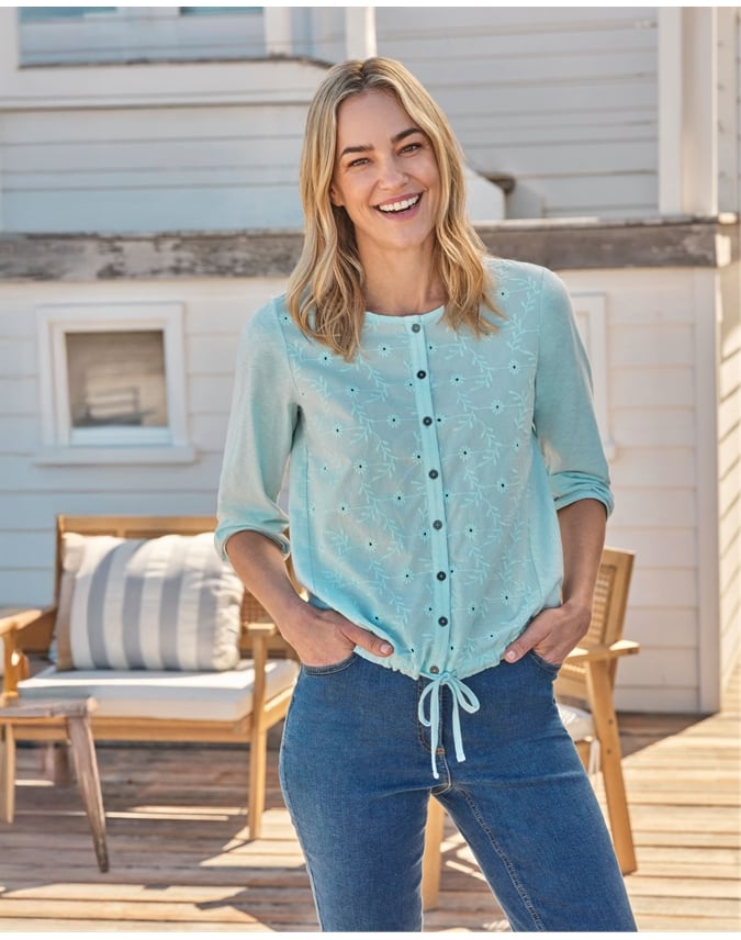 3/4 Length Sleeve Embroidered Tie Hem Top
