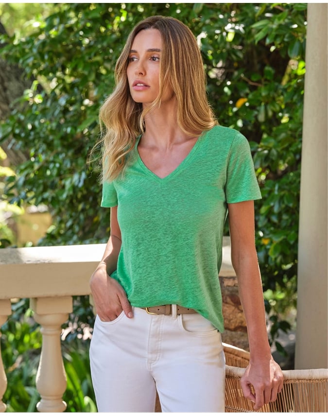 Linen V Neck Short Sleeve T-Shirt