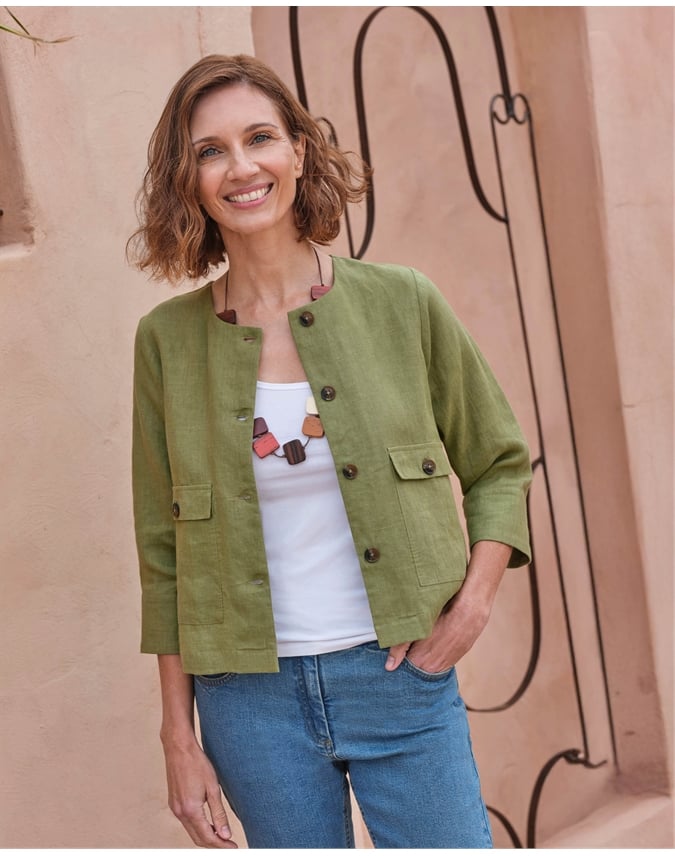 Collarless Lightweight Linen Jacket